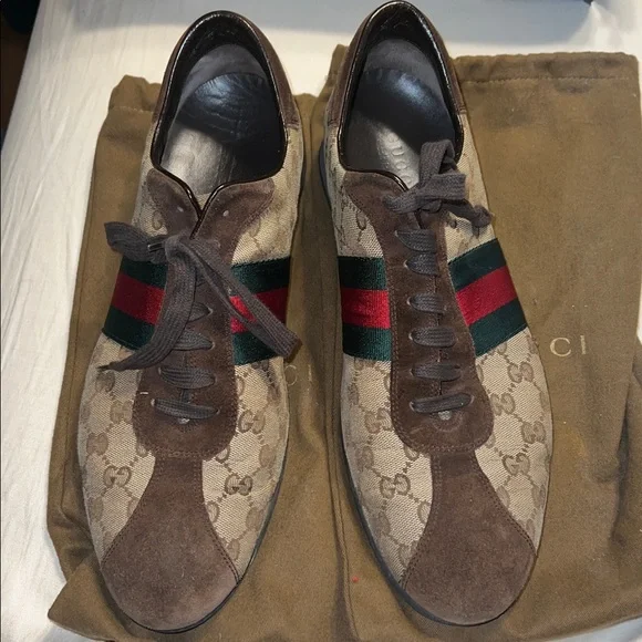 Vintage Gucci brown suede canvas GG Guccissima Optic men’s sneakers (12.5)